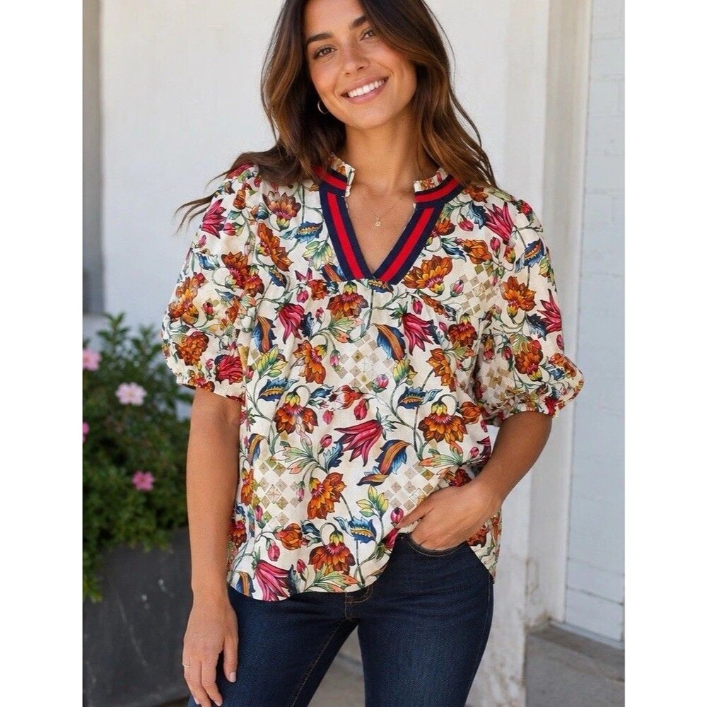 VOY Varsity Stripe Trim Floral Print V-Neck Puff Sleeve Blouse Sz Large